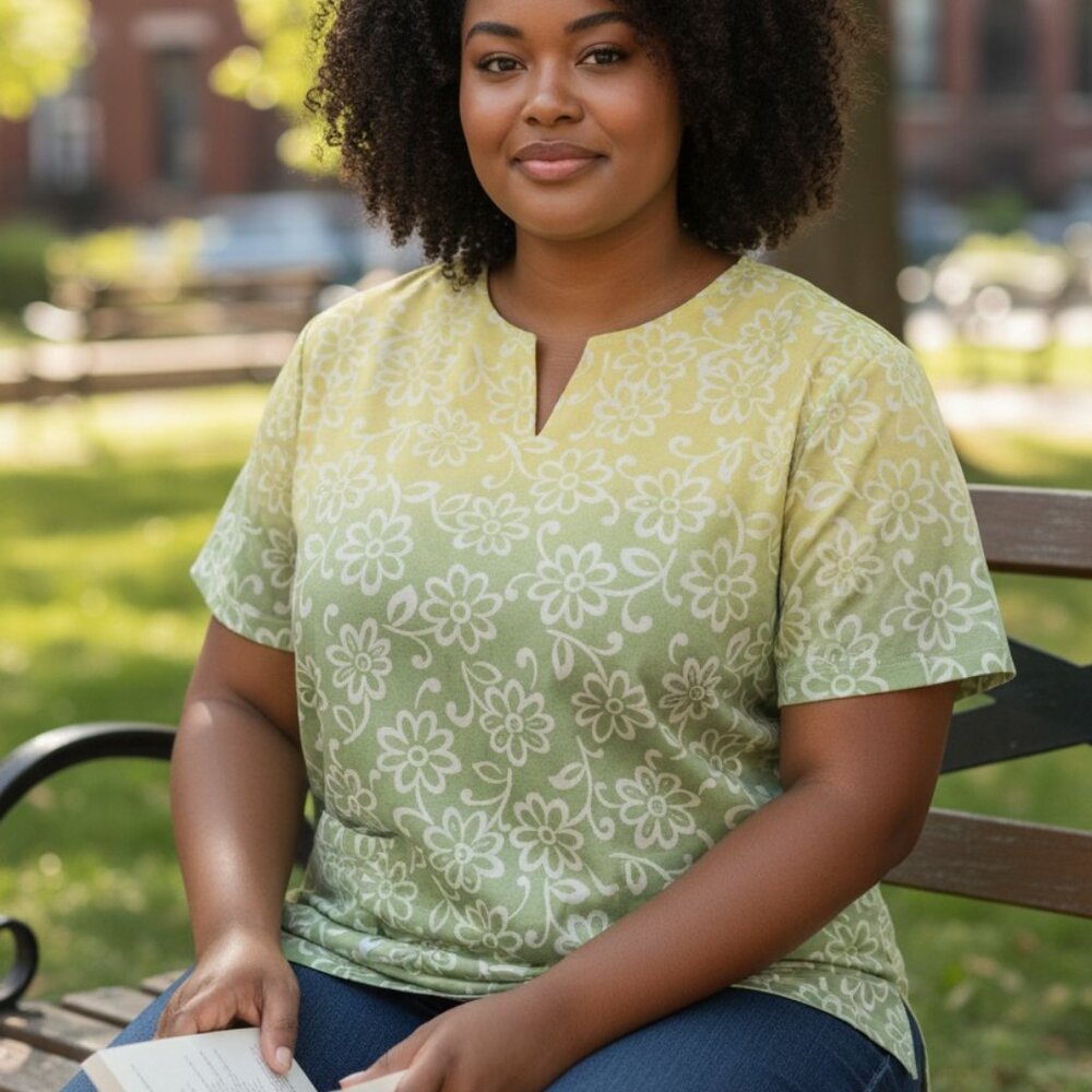 (F-166)Alfred Dunner Petite‎ PM Green Floral Short Sleeve Top Cotton Stretch